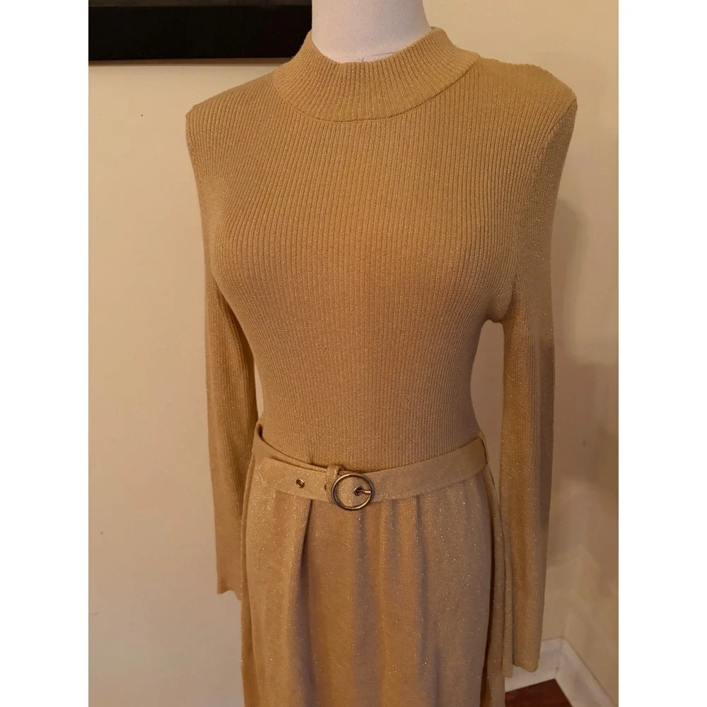 Free People French Girl Gold Lurex Ribbed Knit Mock Neck Belted Dress Medium - Picture 5 of 8